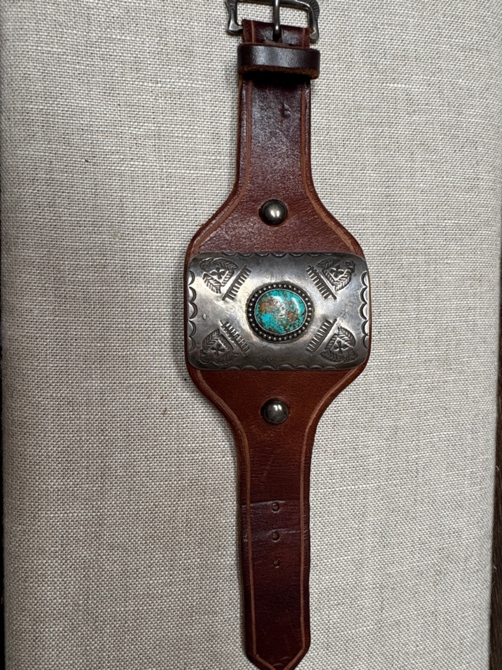 Vintage Buffalo Coin Silver Turquoise Stone Western Leather Cuff Bracelet